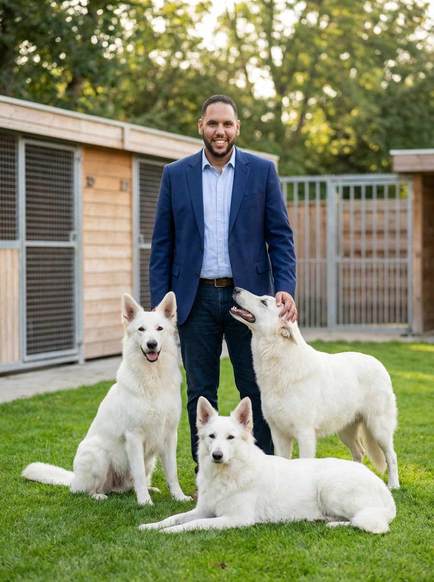 Éleveur avec plusieurs chiens adultes